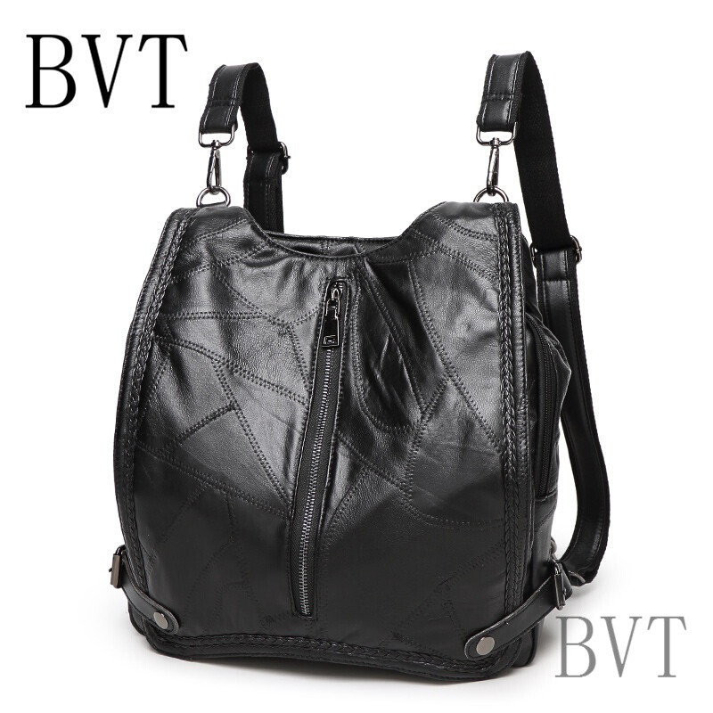 BVT双肩包女软皮韩版书包时尚百搭女包牛皮两用旅行背包潮流女皮包黑色 默认颜色