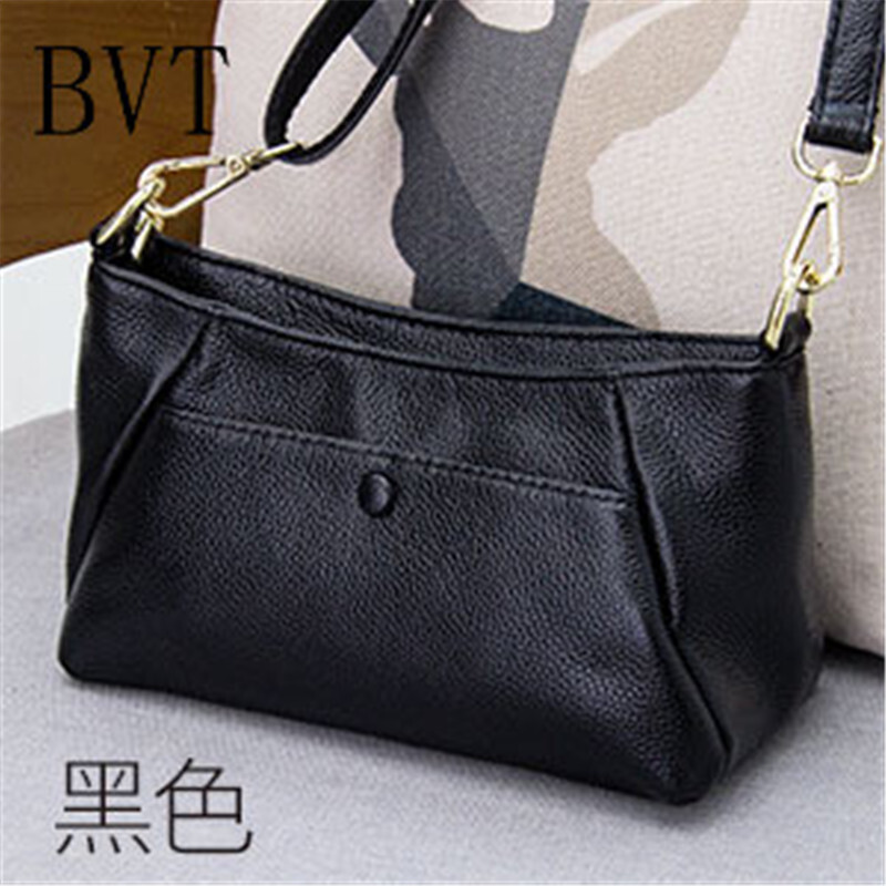 BVT包包女士真皮手提包女小包韩版时尚百搭斜挎包牛皮单肩包纯色贝壳包小方包 黑色