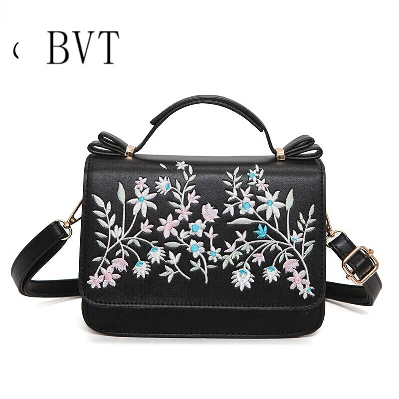 BVT韩版女包绣花单肩包女钉珠包水仙花朵手提包单肩斜挎包手拿宴会包 黑色