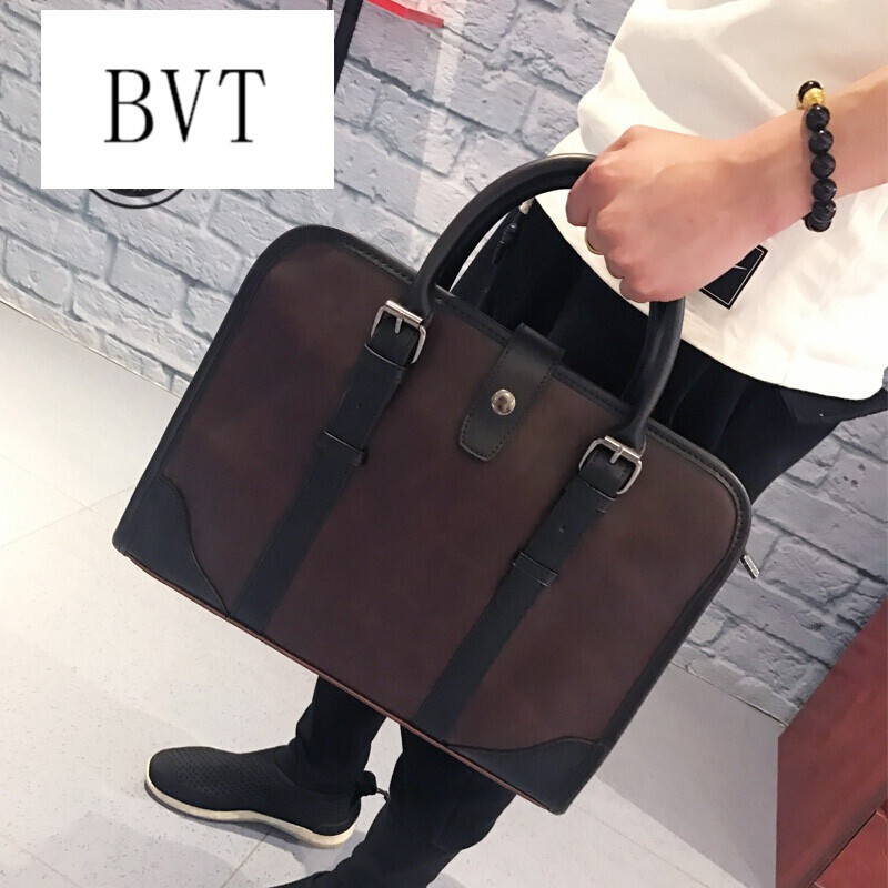 BVT手提包男包韩新款男士商务休闲个性单肩包斜挎复古潮男背包包啡色 默认颜色