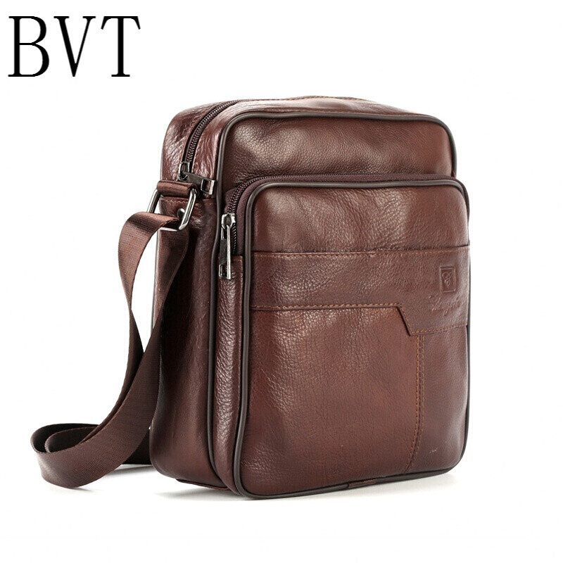 BVT男包单肩包真皮斜挎包男士包包中老年皮包头层牛皮竖款商务休闲棕色横版 咖啡棕竖版