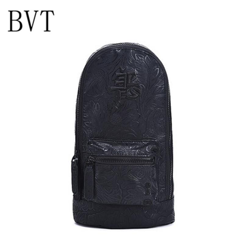 BVT男骑行死飞包女复古文字刺绣单肩斜挎包前后背胸包大容量背包_1 黑字
