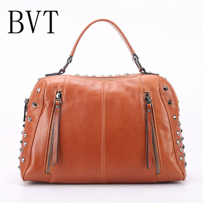 BVT真皮双肩包女欧美2018新款休闲简约背包时尚潮流牛皮大容量潮包女 棕色