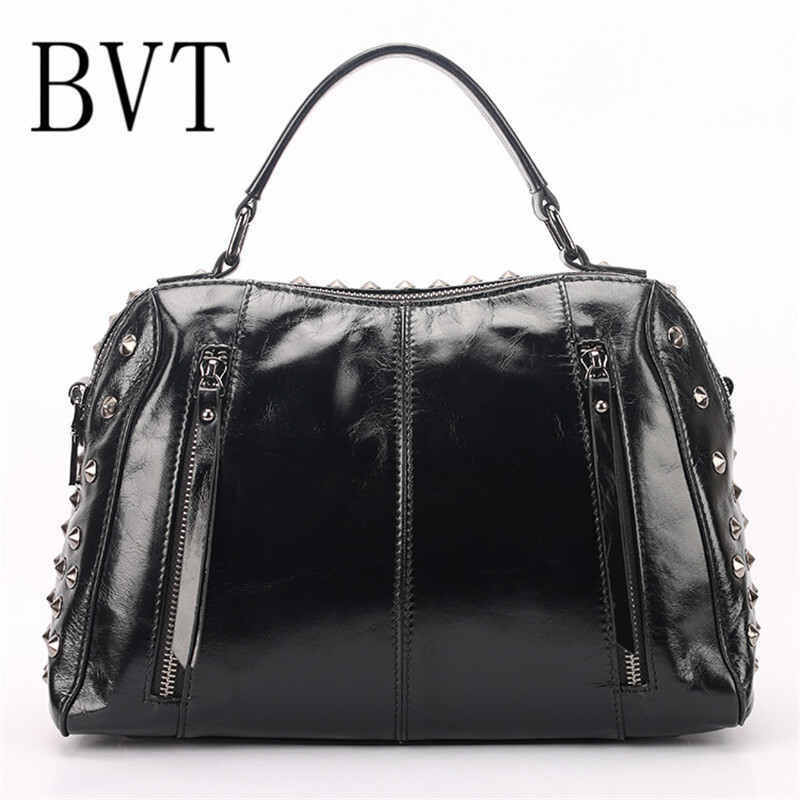 BVT真皮双肩包女欧美2018新款休闲简约背包时尚潮流牛皮大容量潮包女 黑色