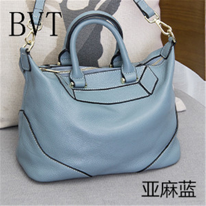 BVT真皮女包荔枝纹单肩手提包女时尚大容量斜挎包百搭软皮波士顿包包女大包 浅蓝