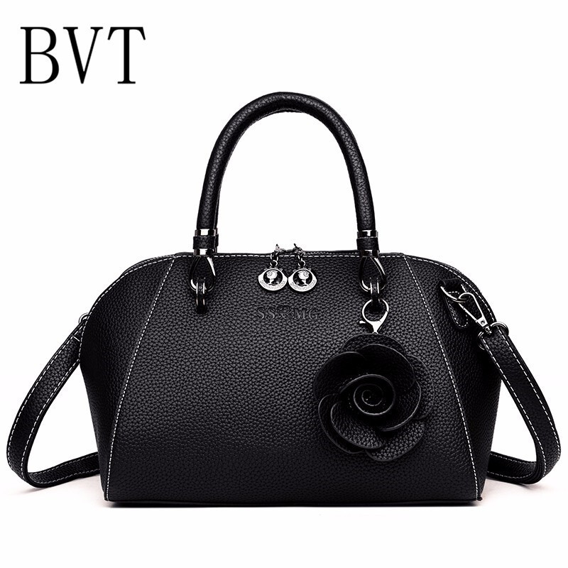 BVT中年妇女手提包女新款妈妈花朵女包时尚单肩斜挎包气质手拎大包包 黑色