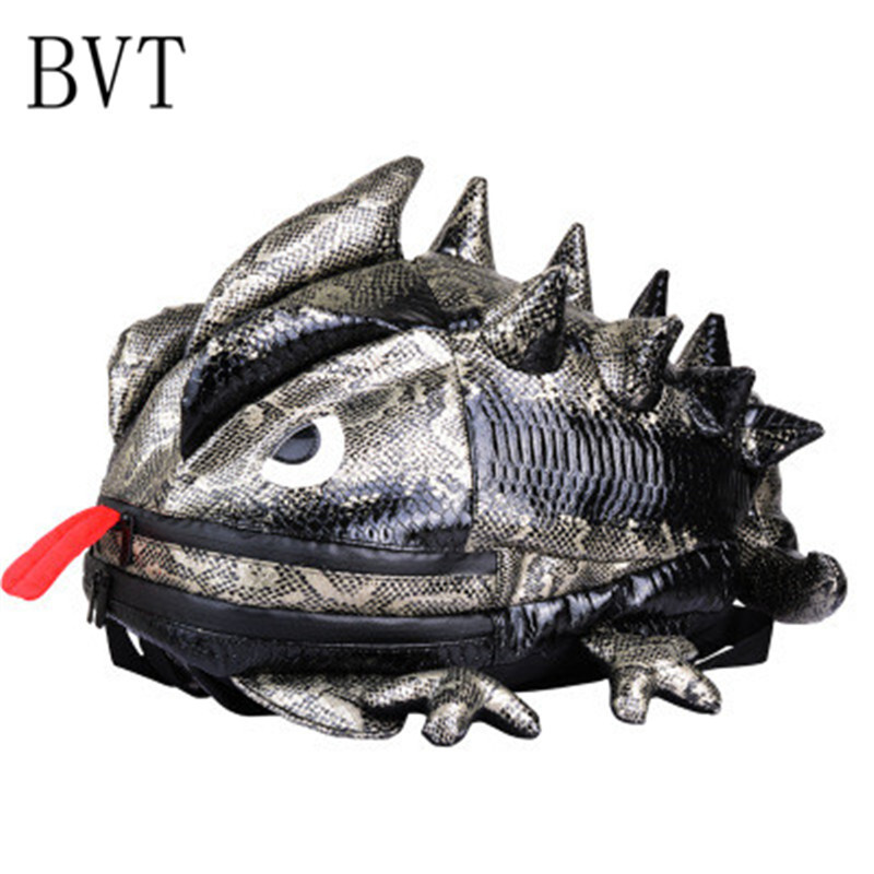 BVT创意动物背包韩版变色龙旅行旅游背包户外酷书包双肩潮恶搞动物包 银黑双层