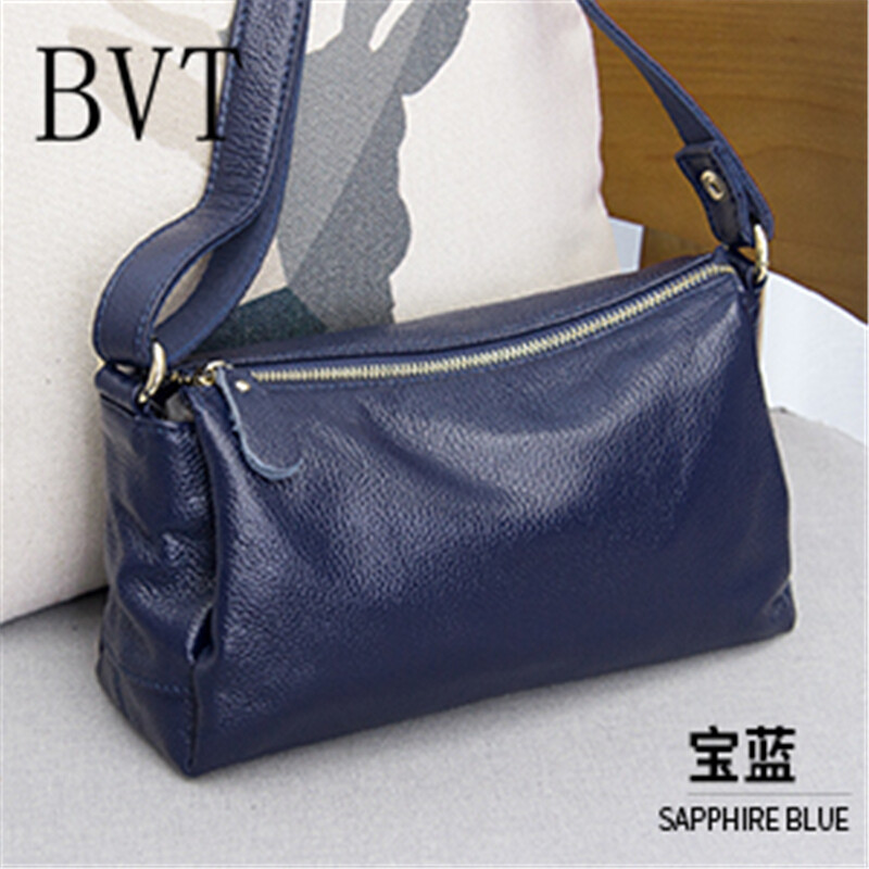 BVT新款软皮女包头层牛皮单肩包牛皮斜挎包小方包包迷你手提包 宝蓝