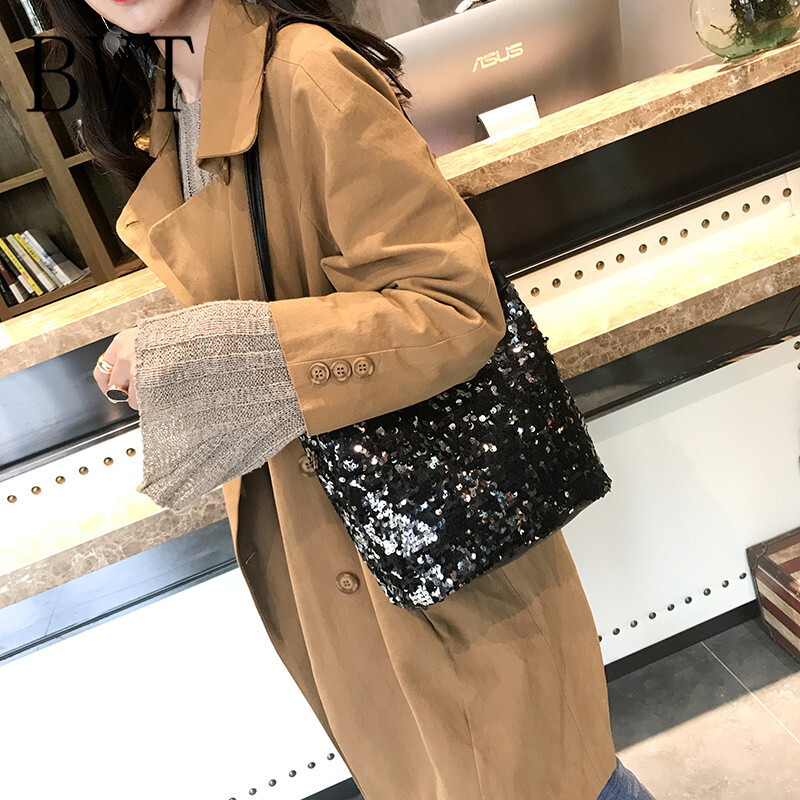 BVT手提单肩包包女百搭亮片水桶包单肩包手提大包店女包潮 款式四
