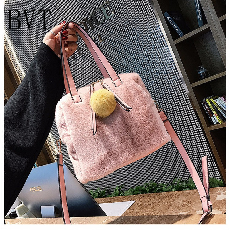 BVT女士手提大包包毛毛女包可爱毛球包包手拎包休闲单肩斜挎包 粉色