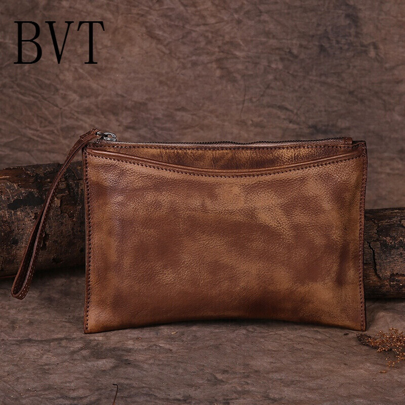 BVT女士复古风牛皮撞色拉链信封形休闲迷你手拿包 棕色