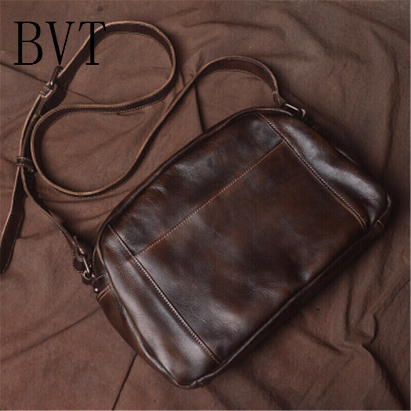 BVT手工牛皮男士复古斜挎包牛皮男包复古休闲包差包单肩包背包潮 古铜棕