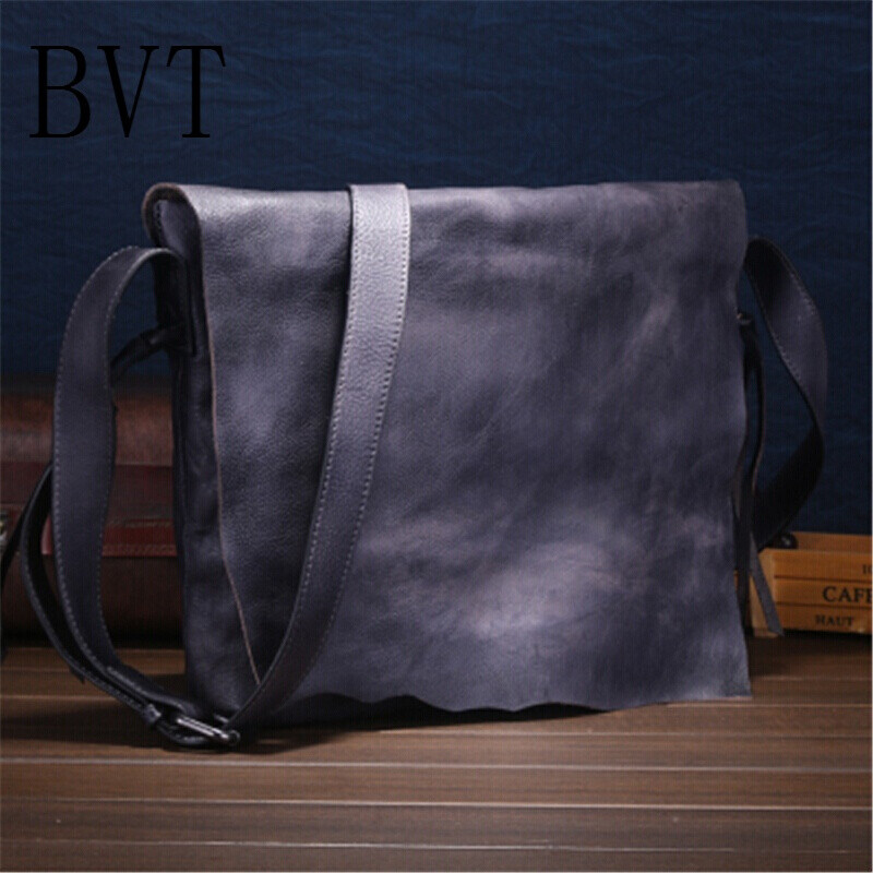 BVT手工擦色牛皮男包原创个性复古小潮包植鞣皮创意单肩包斜挎包 灰蓝色