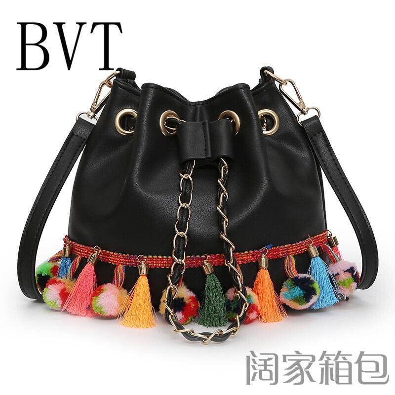 BVT女包包流苏菱格水桶包韩版时尚休闲女包链条单肩包斜挎小包_8 黑色