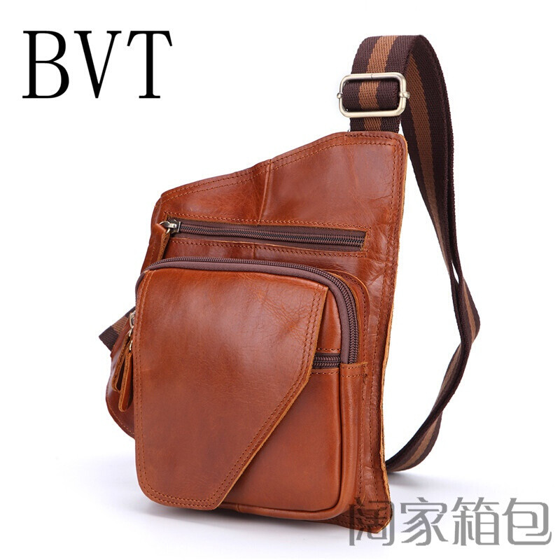 BVT真皮胸包欧美单肩包男士斜挎包复古疯马牛皮男包前背包休闲包 棕色