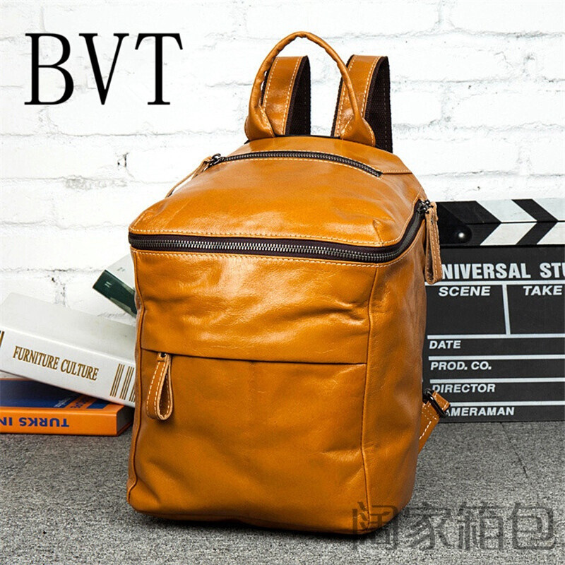 BVT欧洲站双肩男包真皮牛皮背包大容量水桶包户外运动机车包电脑书包棕色 默认颜色