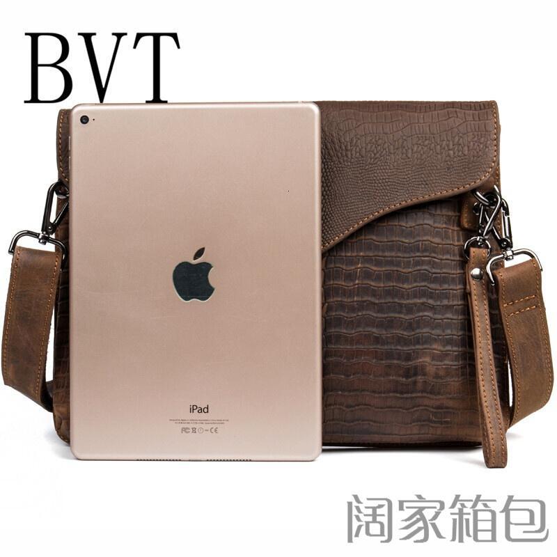 BVT疯马皮真皮男包欧美潮牛皮单肩包复古休闲手拿包鳄鱼纹商务公文包棕色_0 默认颜色