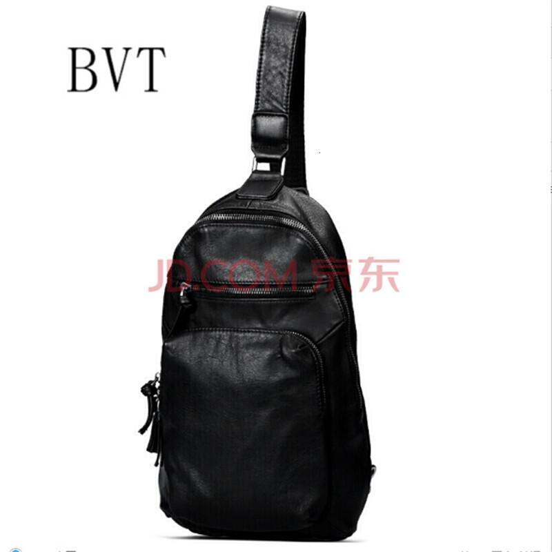 BVT男士胸包斜挎包男包植鞣头层牛皮休闲单肩包男韩版背包潮黑色_4 默认颜色