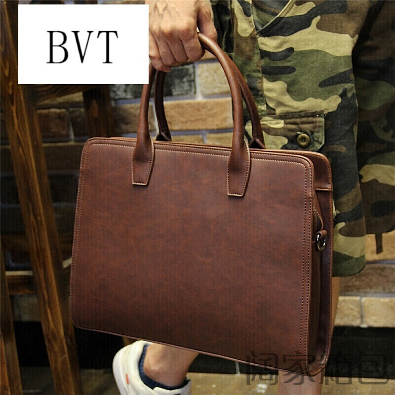 BVT男包商务男式手提包横款斜跨包男单肩斜挎包休闲简约男士包包电脑皮包咖啡色 默认颜色