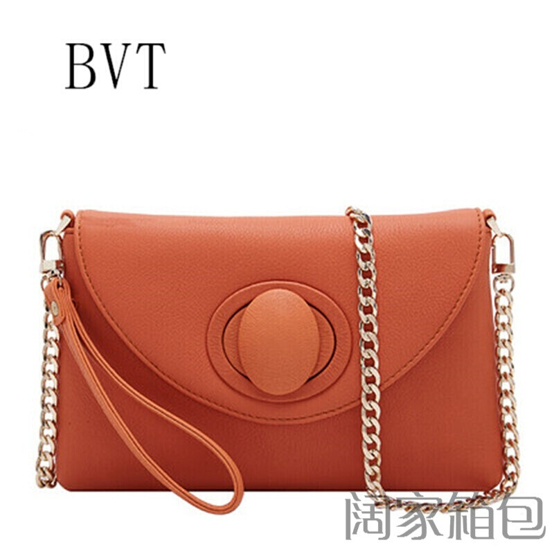 BVT品牌女包牛皮简约单肩包女士女包百搭复古链条手提斜挎包 橙色