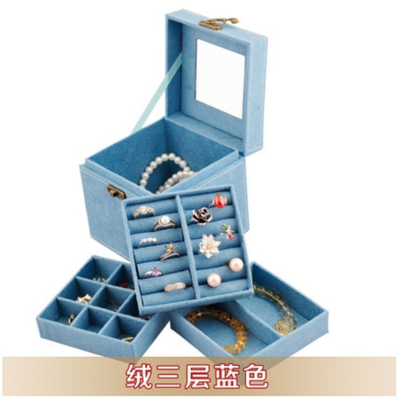 纯色简约首饰盒麂皮绒三层饰品盒绒布可爱首饰收纳盒生日礼物现代时尚饰品收纳盒子生活日用_5 绒三层天蓝色