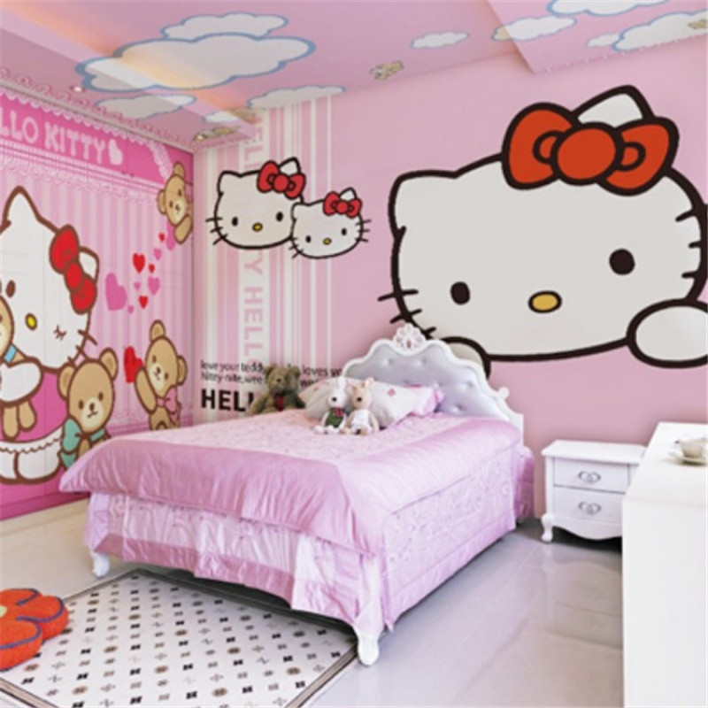 儿童房墙纸女孩卧室床头背景墙壁纸hellokitty猫卡通公主大型_6 进口环保无纺布（拼接）