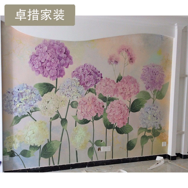 定制中国风田园墙纸竖条纹卧室温馨客厅沙背景墙壁纸绣球芬 无缝真丝一平米