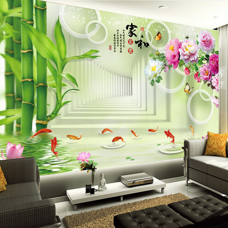 大型壁画电视背景墙墙纸壁画定制中式家和富贵竹子牡丹背景墙壁纸 无缝真丝布（整张）