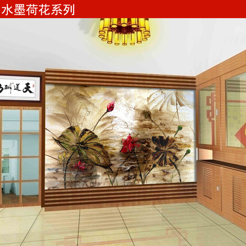 无缝定制壁画3D立体电视背景墙纸客厅卧室壁纸中式国画荷花酒店 水晶凹凸壁画布