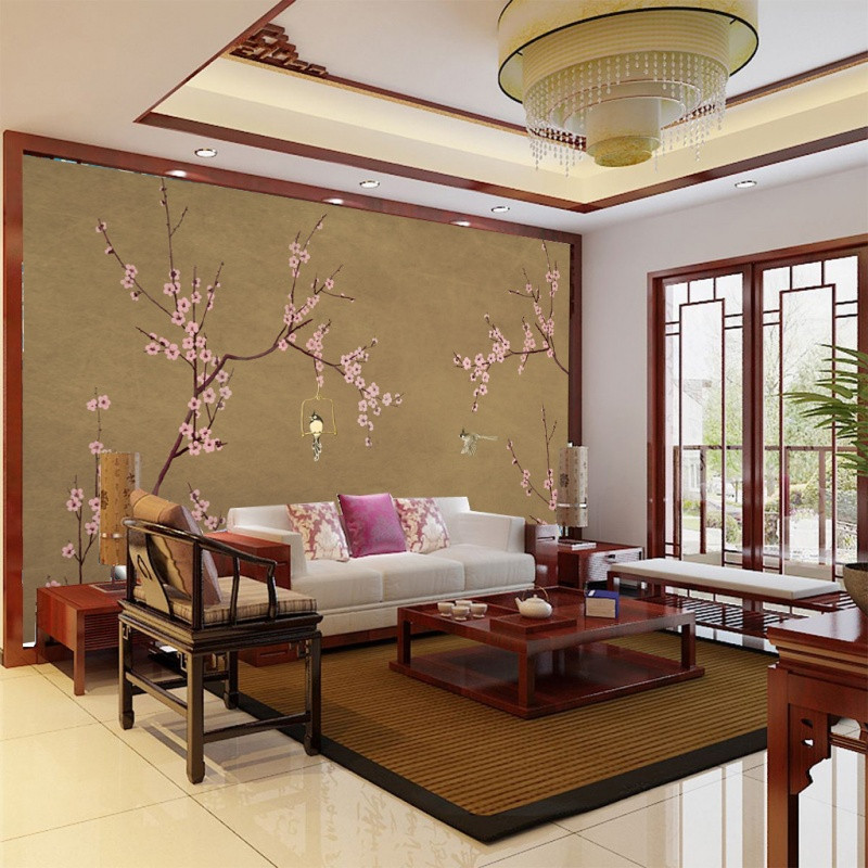 中式复古高清手绘工笔花鸟3D电视背景墙客厅沙卧室壁纸墙纸壁画 无缝真丝布（整张）