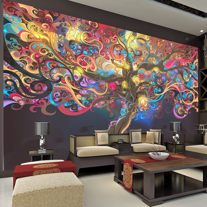 无缝定做大型壁画壁纸客厅沙卧室电视背景墙纸欧式油画抽象树木 无缝真丝布（整张/平方）