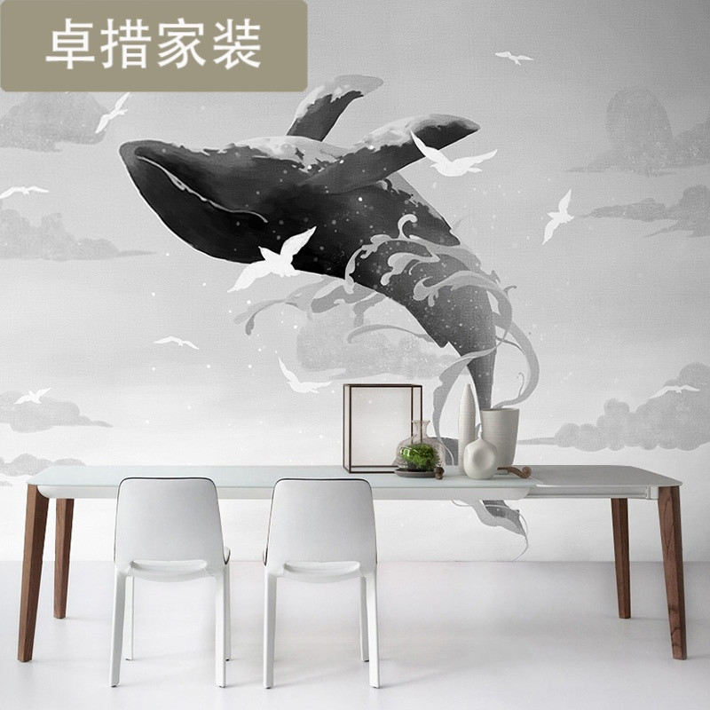北欧手绘卧室卡通墙纸壁画3d立体鲸鱼艺术墙布儿童房背景墙壁纸 无缝进口油画布（一整张）