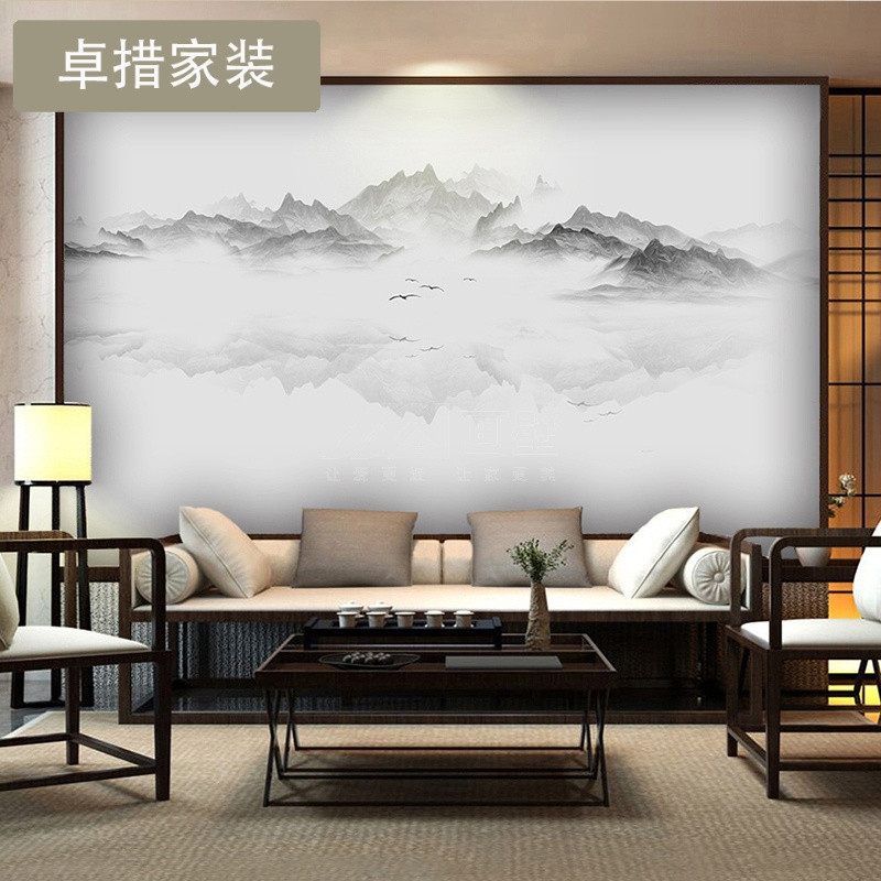 新中式手绘水墨山水飞鸟墙纸客厅沙电视背景墙意境壁画影视墙布 【无缝】闪银纤维布/平方
