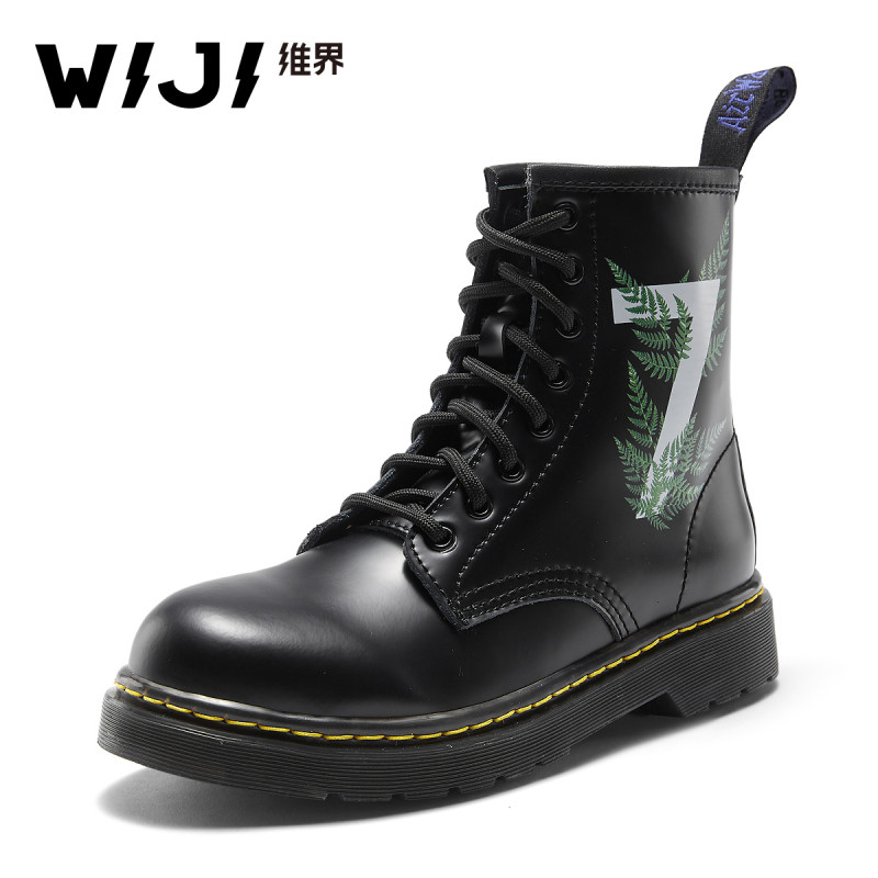 WIJI2017冬季韩版真皮时尚潮流女鞋粗跟系带百搭马丁靴个性短靴子 黑色 37