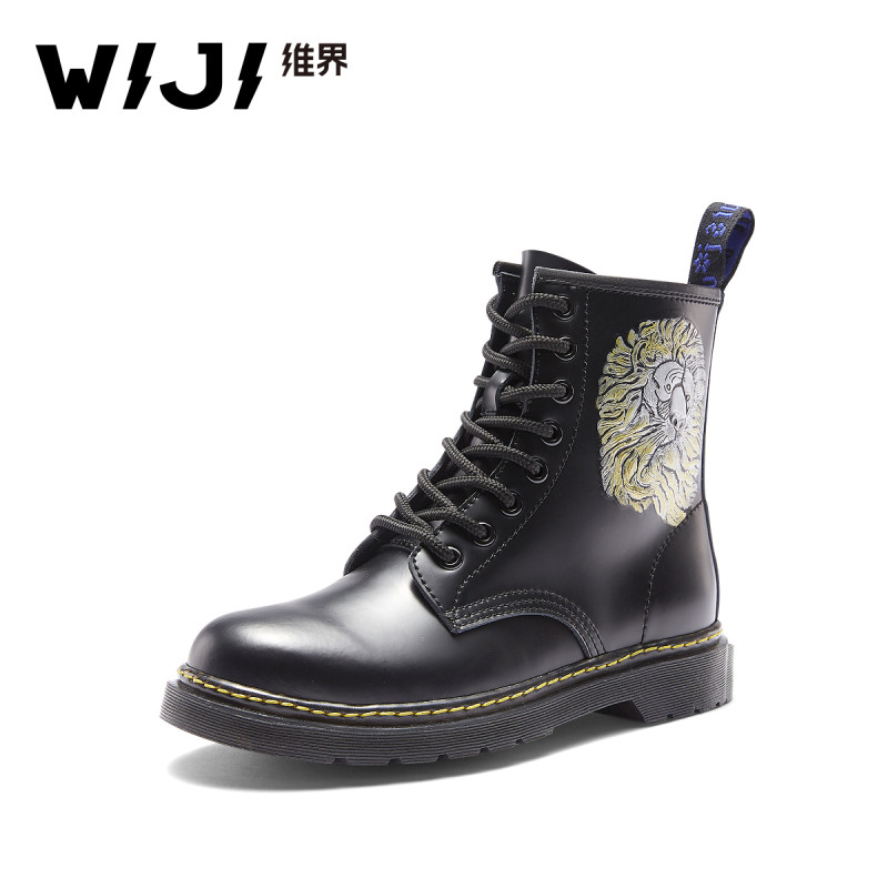 WIJI2018新款女鞋真皮高帮中筒靴单鞋粗跟系带百搭马丁靴个性皮鞋 黑色 37