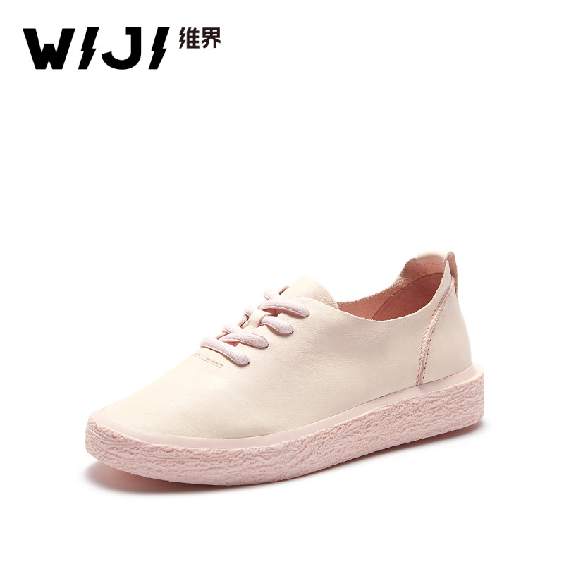 WIJI2018新款小清新减龄板鞋时尚圆头个性休闲英伦低帮平底女鞋潮 粉红色 40