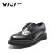 WIJI2018新款欧美英伦风真皮进口透气时尚牛皮布洛克尖头系带女鞋 黑色 37