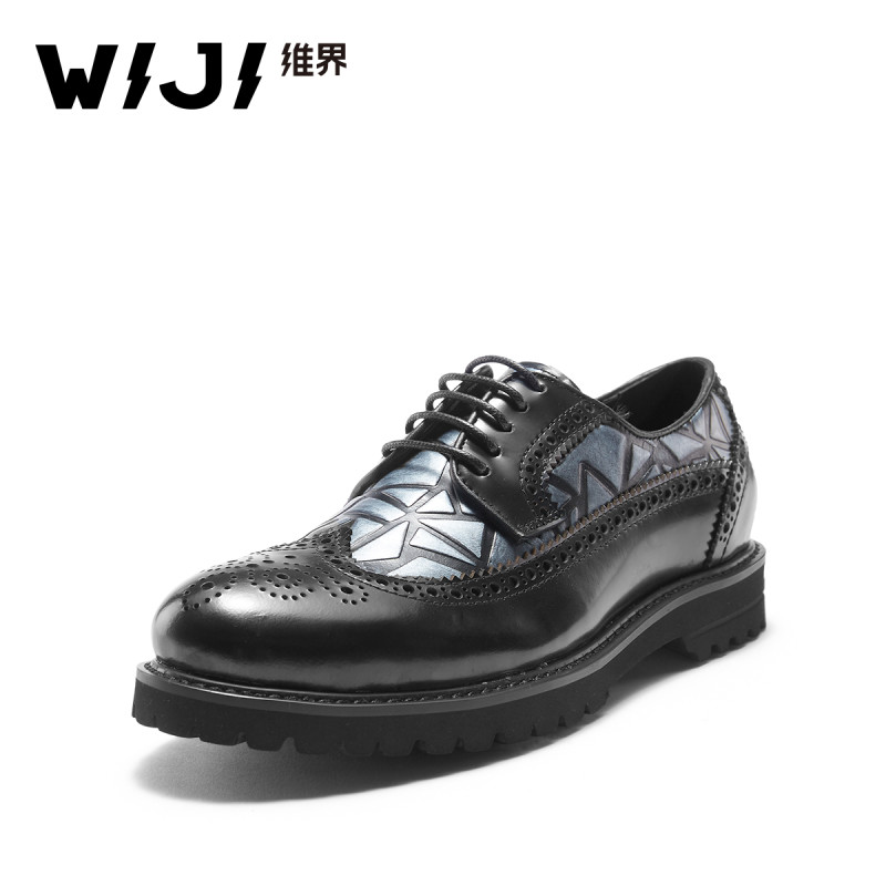 WIJI2018新款欧美英伦风真皮进口透气时尚牛皮布洛克尖头系带女鞋 黑色 37