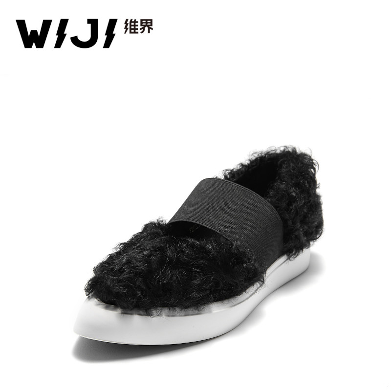 WIJI单鞋女韩版潮流时尚羊卷毛平底休闲鞋个性黑色浅口百搭板鞋潮 黑色 37