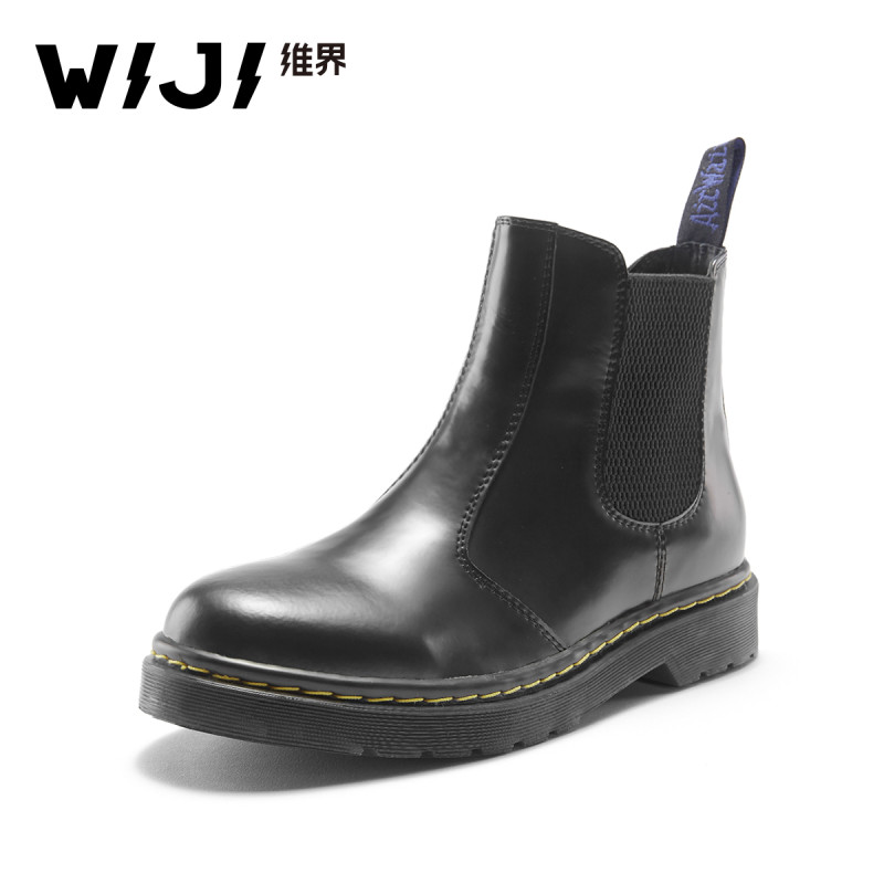 WIJI女靴子英伦冬季短筒新款时尚休闲鞋百搭潮流套筒真皮切尔西靴 黑色 37