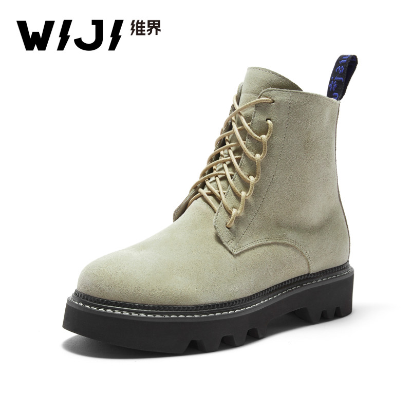 WIJI女靴子韩版牛反绒新款时尚个性马丁靴潮流百搭简约粗跟休闲鞋 杏色（现货发售） 36