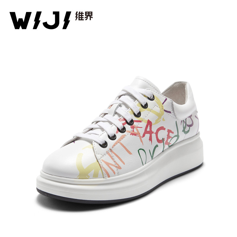 WIJI女鞋2018春季新款韩版时尚潮流板鞋深口厚底系带蝴蝶休闲单鞋 白色字母 35