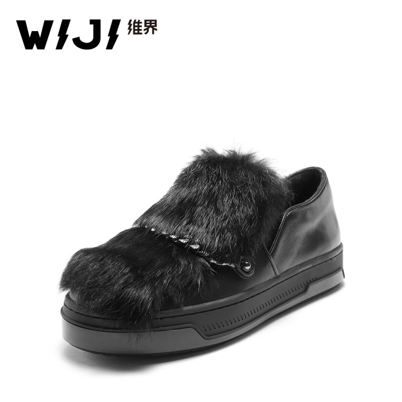 WIJI女鞋韩版甜美时尚牛皮兔毛时尚单鞋套脚平底百搭个性休闲鞋潮 黑色 37