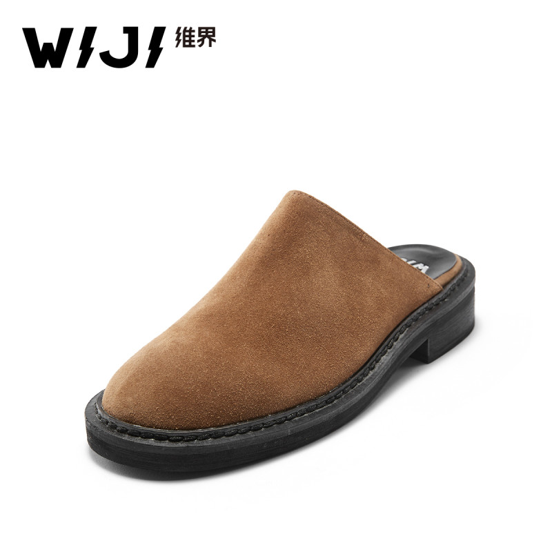 WIJI新款牛京英伦风拖鞋女个性时尚透气百搭防滑反绒皮穆勒休闲鞋 鸵色 37