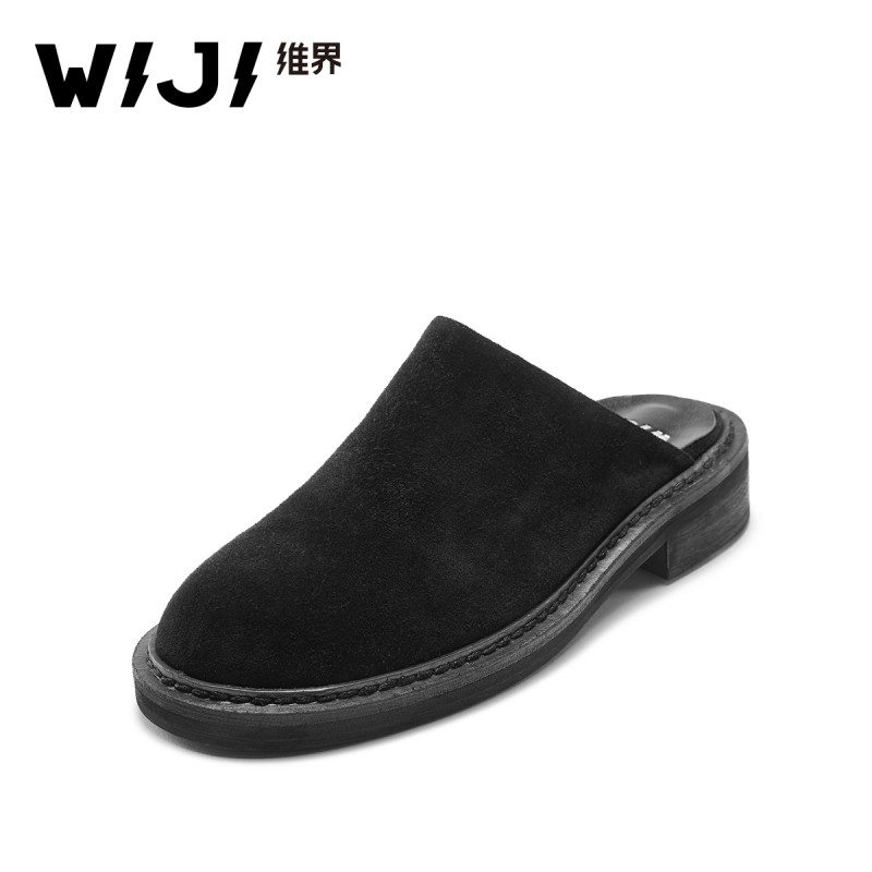 WIJI新款牛京英伦风拖鞋女个性时尚透气百搭防滑反绒皮穆勒休闲鞋 黑色 37