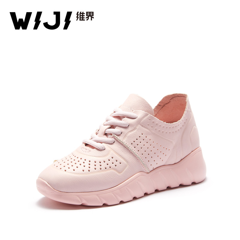 WIJI春夏新品透气运动休闲单鞋平底百搭圆头系带松糕厚底小白鞋女 粉色 37