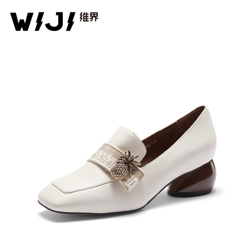 WIJI维界2018春夏新款纯色粗跟羊皮方头乐福单鞋简约通勤职业女鞋_XGC82 米白色 37