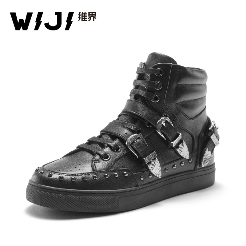 WIJI维界女鞋高帮鞋真皮时尚马丁靴青春潮高帮板鞋机车中国有嘻哈 37 黑色