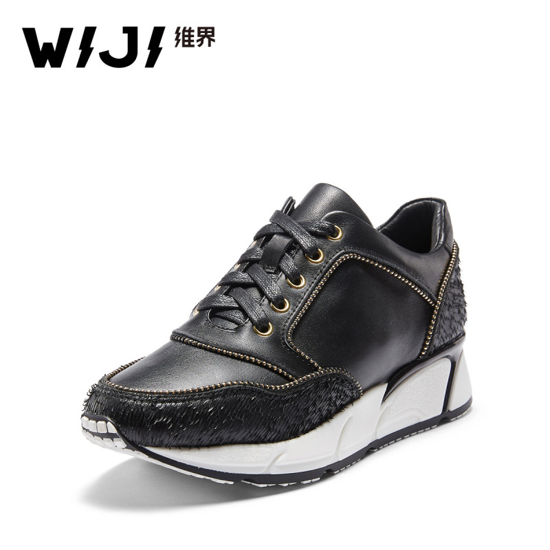 WIJI维界英伦风牛皮浅口时尚低帮休闲鞋增高耐磨系带潮流个性单鞋 黑色 37