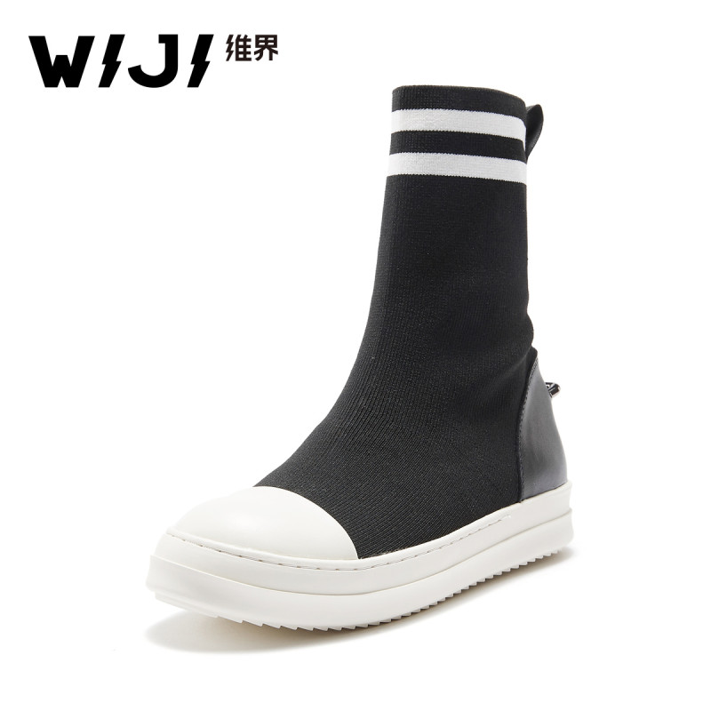 WIJI袜子鞋韩版新款平底时尚女鞋潮流短筒耐磨休闲牛皮针织女靴子 黑色 40
